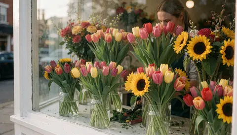 Vitrine de fleuristerie exposant des tulipes et des tournesols dans des vases en verre, éclairage naturel et couleurs vives.