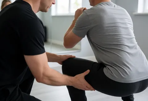 Un coach CrossFit ajuste la position d'un client effectuant un squat profond devant un miroir dans un gymnase moderne.