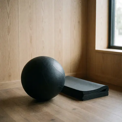 Ballon médicinaux noir à texture caoutchoutée posé près de tapis de yoga pliés dans une pièce aux murs en bois avec lumière naturelle.