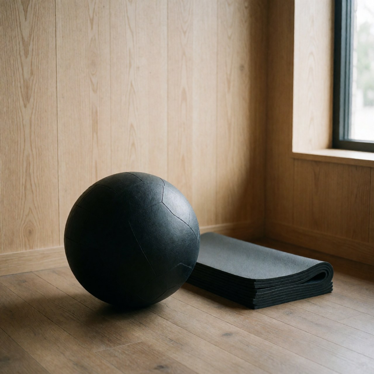 Ballon médicinaux noir à texture caoutchoutée posé près de tapis de yoga pliés dans une pièce aux murs en bois avec lumière naturelle.
