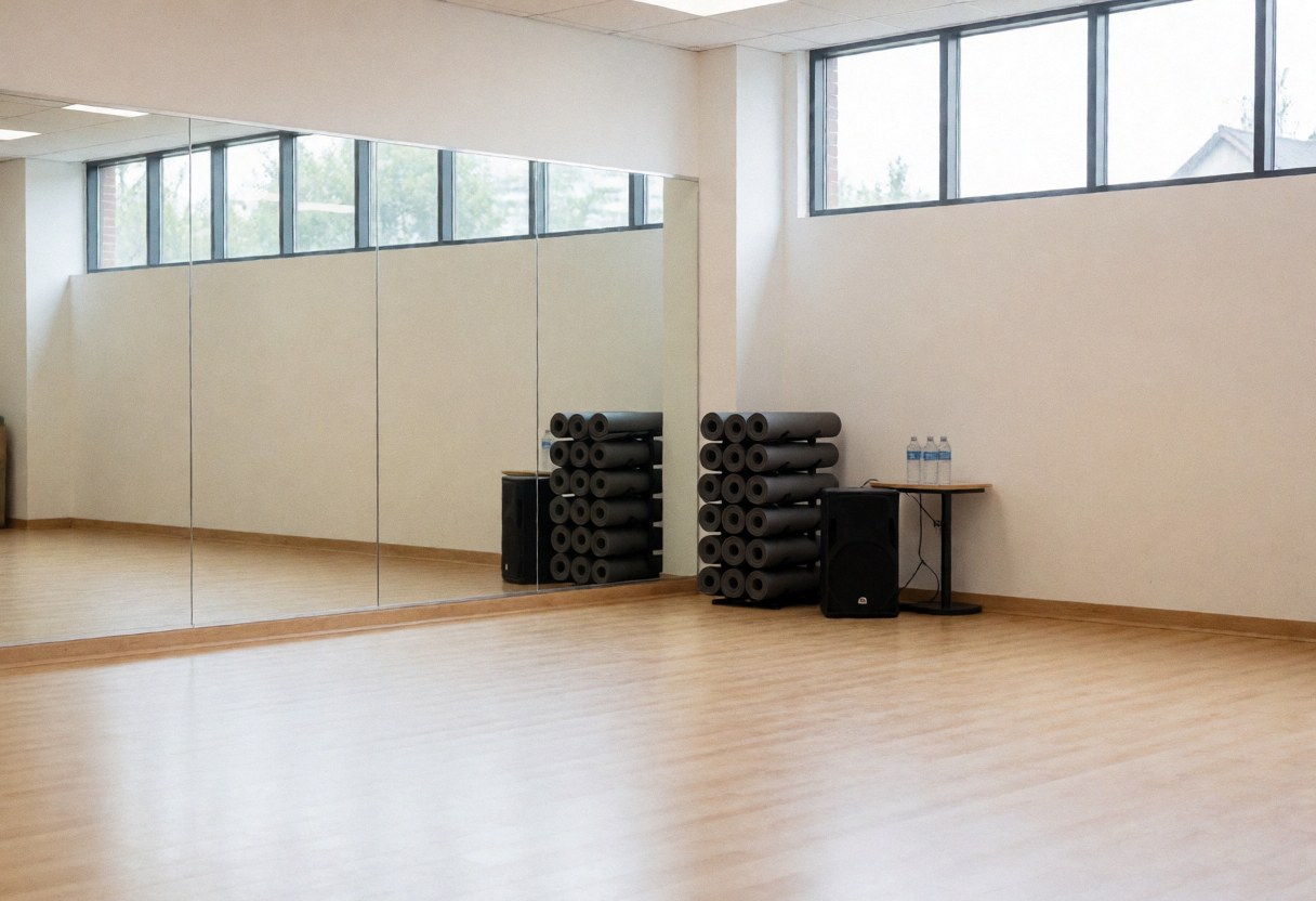Intérieur d'un studio de fitness vide présentant un sol en bois clair, des miroirs muraux, des tapis de yoga enroulés et une table avec des bouteilles d'eau.