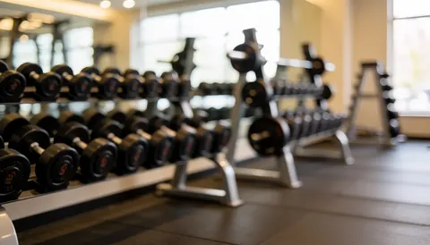 Arrière-plan flou de gymnase professionnel avec racks d'haltères, sol en caoutchouc et éclairage chaleureux pour inscriptions.