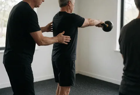 Un entraîneur guide un client lors d'un swing de kettlebell en ajustant son dos dans un gymnastique moderne.