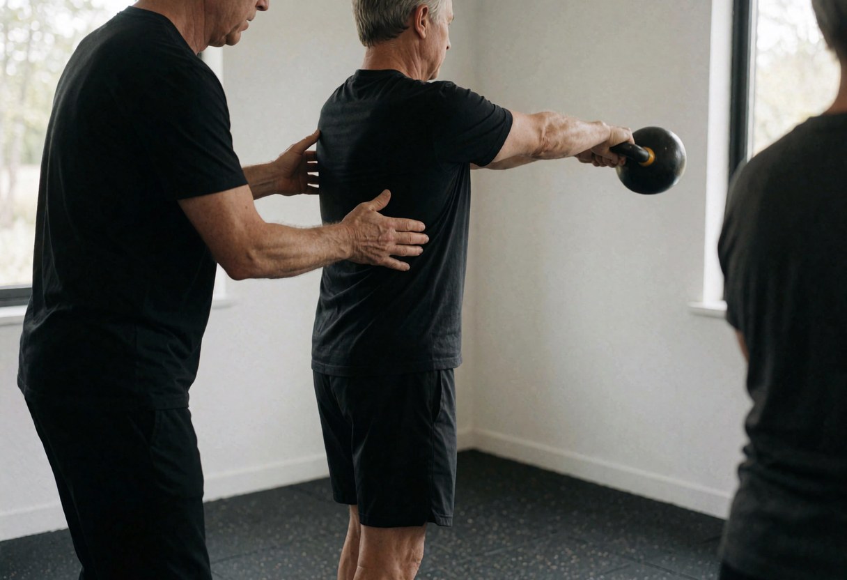 Un entraîneur guide un client lors d'un swing de kettlebell en ajustant son dos dans un gymnastique moderne.