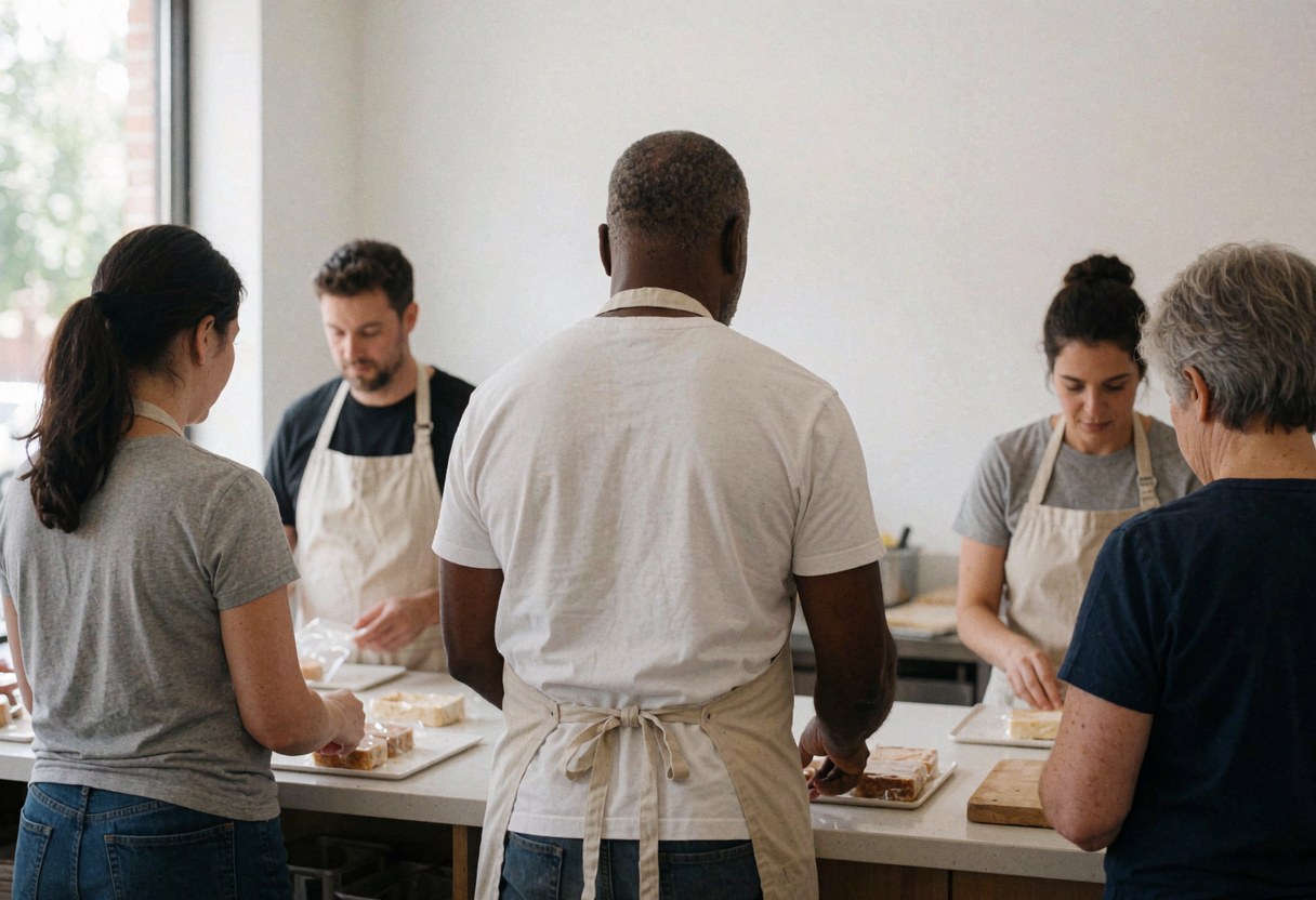 Cinq boulangers en tabliers préparent des gâteaux sur une table blanche, éclairés par la lumière naturelle d'une fenêtre, dans un environnement de travail collaboratif et ordonné.