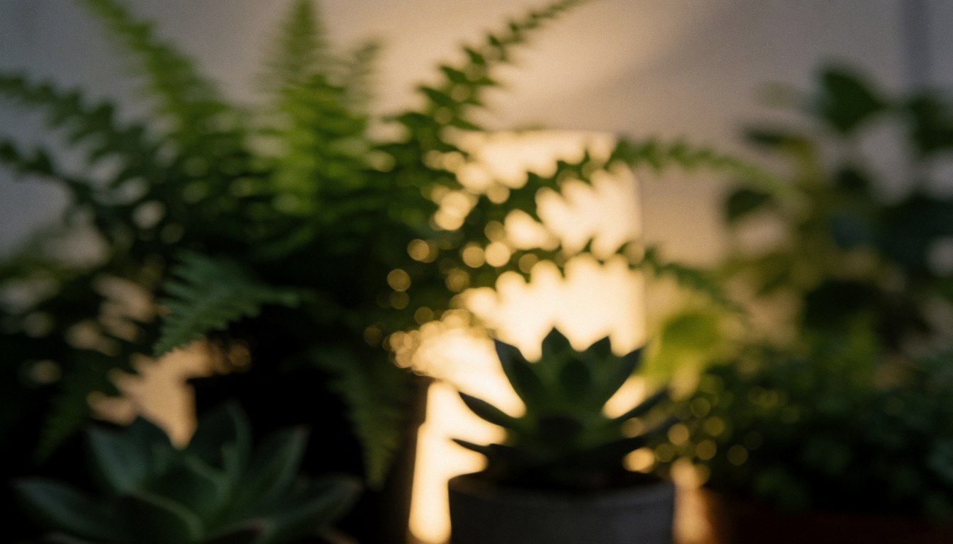 Fond abstrait de plantes en pots avec lumière chaude sur une terrasse, idéal pour le design de petits jardins et les textes.