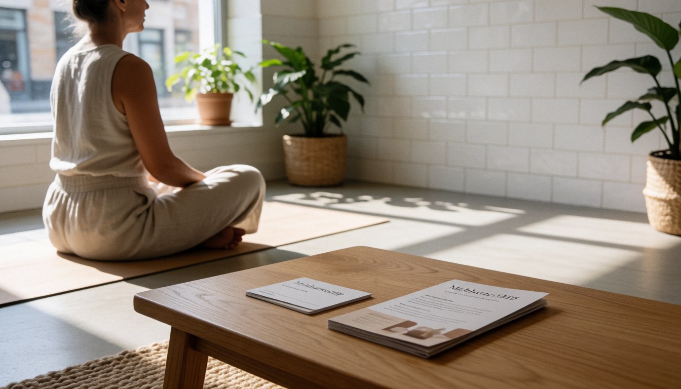 Une femme pratique le yoga dans un studio aux murs carrelés blancs, avec des plantes et une table en bois portant des brochures et une carte de membre.
