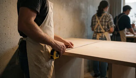 Trois charpentiers en tabliers mesurent des panneaux de bois dans un atelier aux murs en béton.