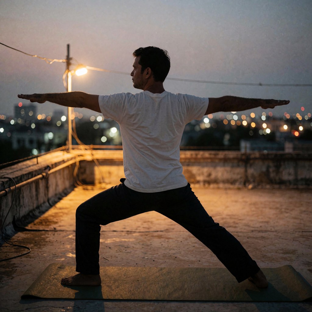 Un homme pratique le yoga en posture de guerrier sur une natte au coucher du soleil avec des lumières urbaines floues en arrière-plan.