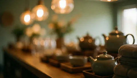 Fond d'étude de yoga avec théières et serviettes en bokeh chaud, lumières suspendues, bois et tons verts doux pour texte.