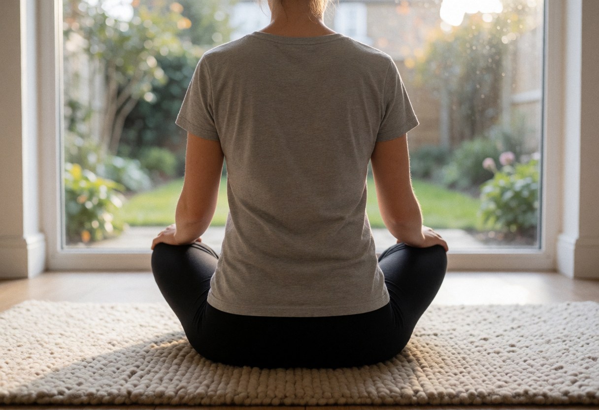 Une personne adulte pratique le yoga en position de lotus sur un tapis épais devant une grande fenêtre offrant une vue sur un jardin, baignée d'une lumière naturelle douce.