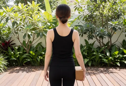 Vue arrière d'une instructrice de yoga tenant un bloc, debout sur une terrasse en bois entourée de végétation sous un soleil éclatant.