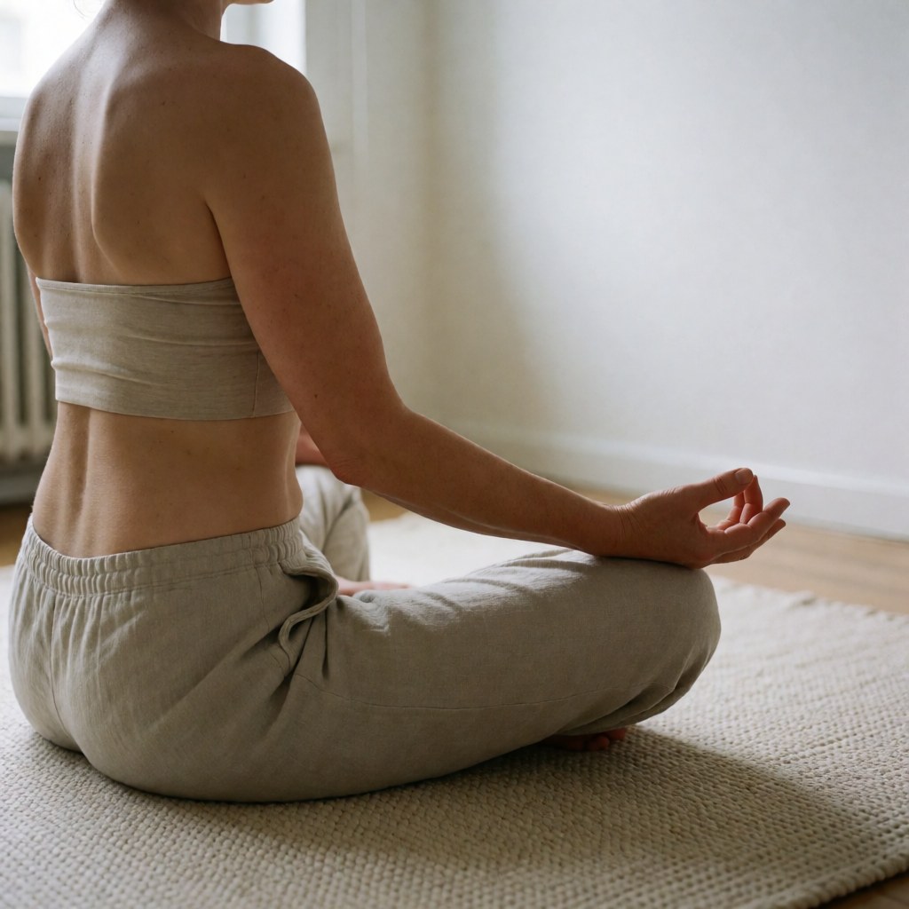 Une femme adulte assise en position de méditation sur un tapis texturé beige, baignée de lumière naturelle près d'une fenêtre dans un intérieur minimaliste et serein.