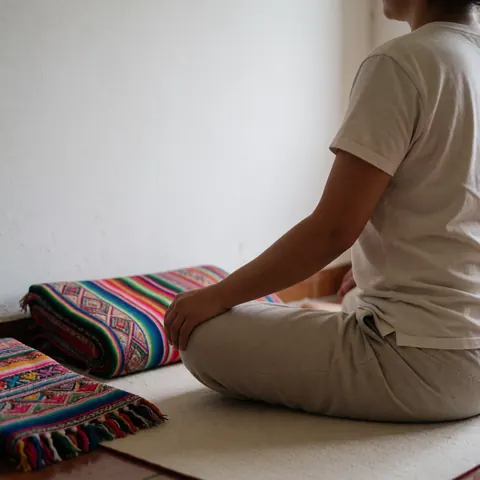 Une personne assise en position de méditation sur un tapis, accompagnée de textiles andins colorés dans un cadre calme et naturel.