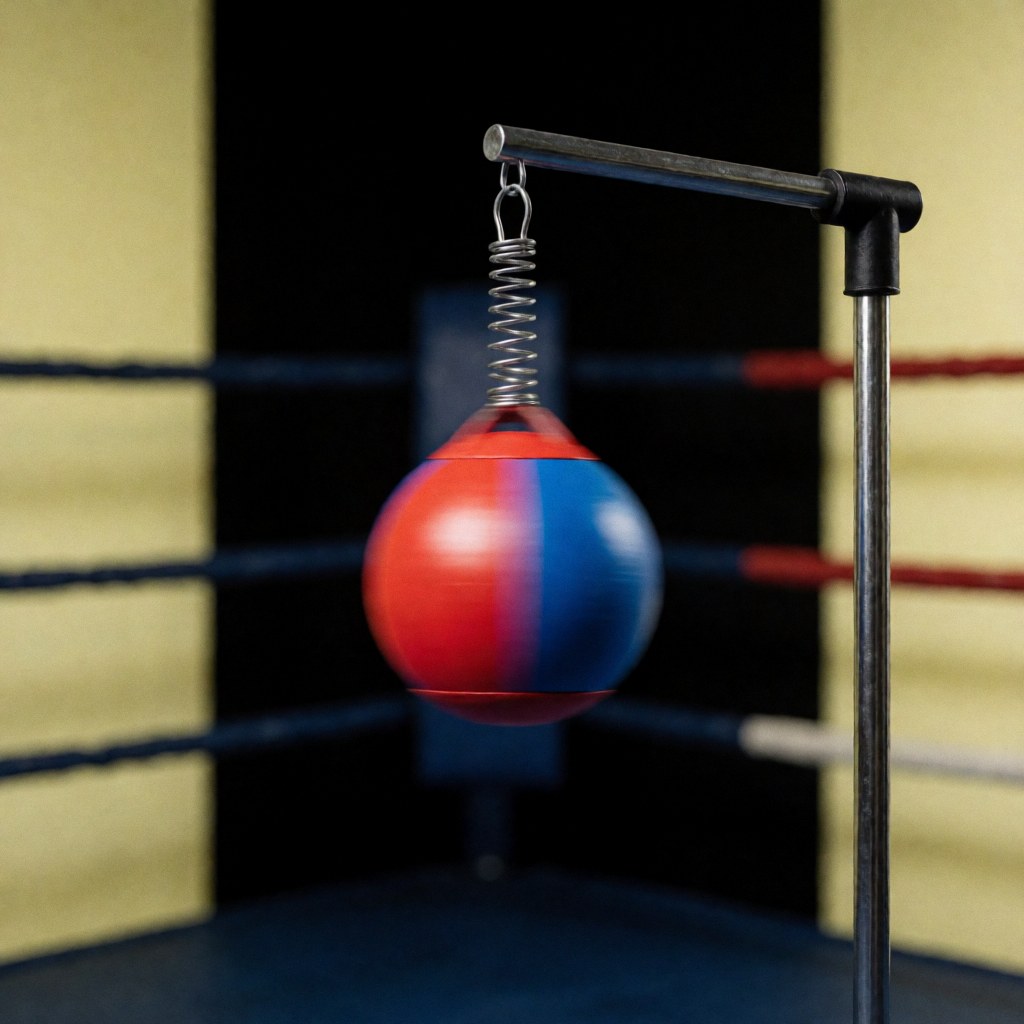 Ballon de vitesse rouge et bleu suspendu par un ressort dans un coin de ring de boxe, sur fond sombre avec des murs jaunes, pour l'entraînement des réflexes.