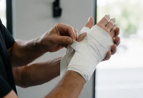 Gros plan d'une main enveloppant un gant de boxe avec une bande blanche dans un gymnase éclairé par la lumière naturelle.