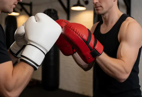 Un instructeur de boxe tenant des protège-poings rouges reçoit un coup d'un étudiant portant des gants blancs dans une salle de sport.