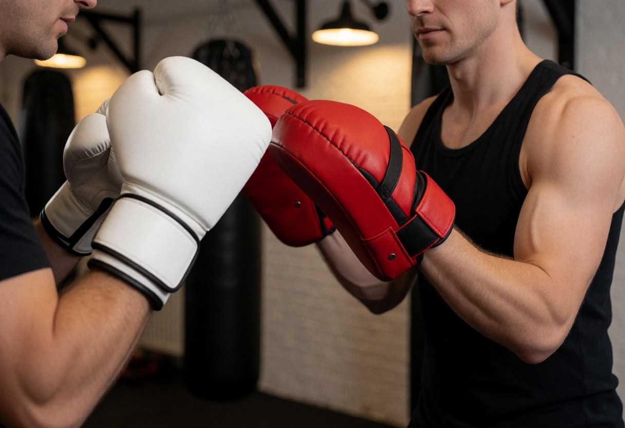 Un instructeur de boxe tenant des protège-poings rouges reçoit un coup d'un étudiant portant des gants blancs dans une salle de sport.