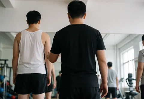 Un entraîneur de boxe guide un client dans une salle de sport avec lumière naturelle, tous deux de dos, vêtus de vêtements de sport, dans un environnement réaliste et professionnel.