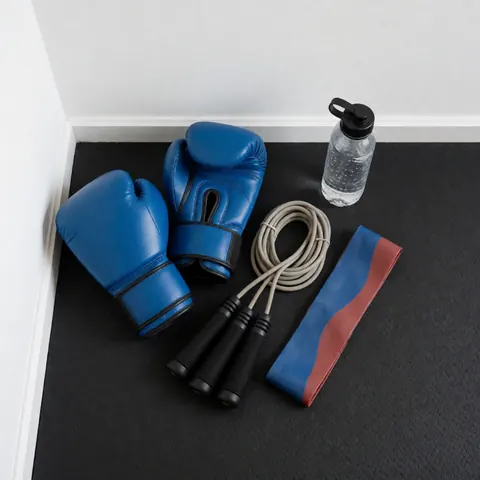 Vue de dessus de gants de boxe bleus, corde à sauter, bande de résistance et bouteille d'eau posés sur un tapis en caoutchouc noir pour l'entraînement.