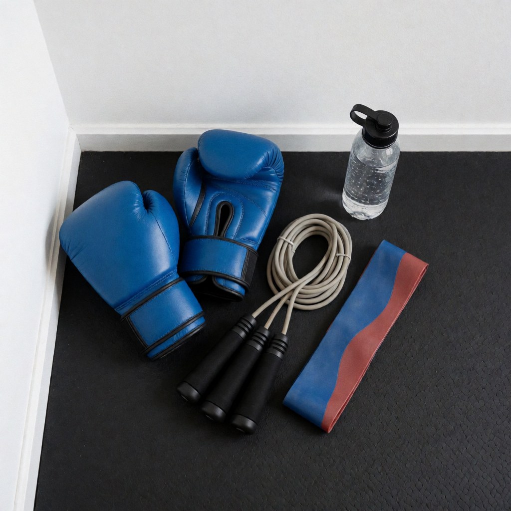 Vue de dessus de gants de boxe bleus, corde à sauter, bande de résistance et bouteille d'eau posés sur un tapis en caoutchouc noir pour l'entraînement.
