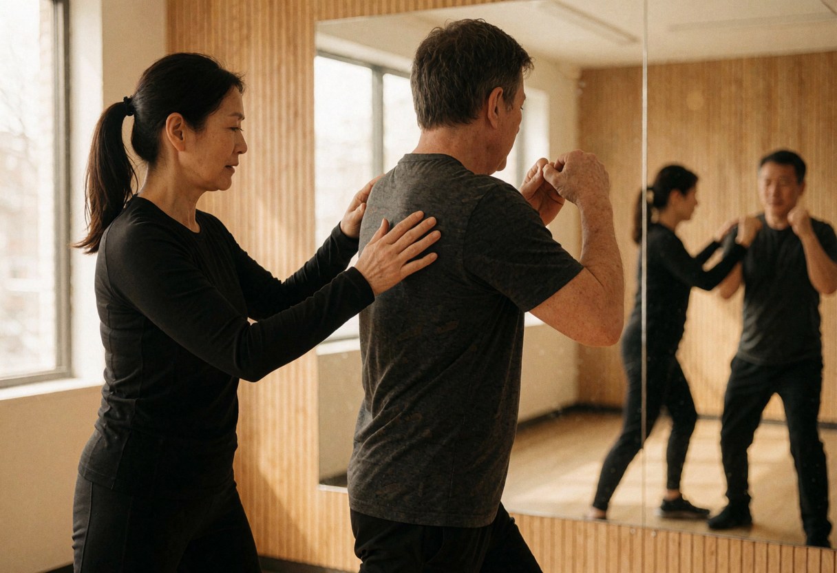 Un entraîneur ajuste la posture d'un client âgé devant un miroir dans un gymnase moderne baigné de lumière naturelle, avec des murs et un sol en bois clair.