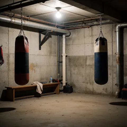 Gymnase de boxe au sous-sol avec sacs de boxe, murs en béton, tuyaux apparents et un banc avec une serviette et une bouteille d'eau.