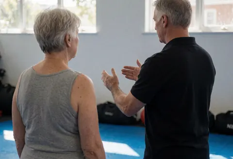 Vue arrière d'un moniteur de boxe gestuant avec les mains pour expliquer une technique à une cliente âgée dans un gymnastique au sol bleu et à la lumière naturelle.