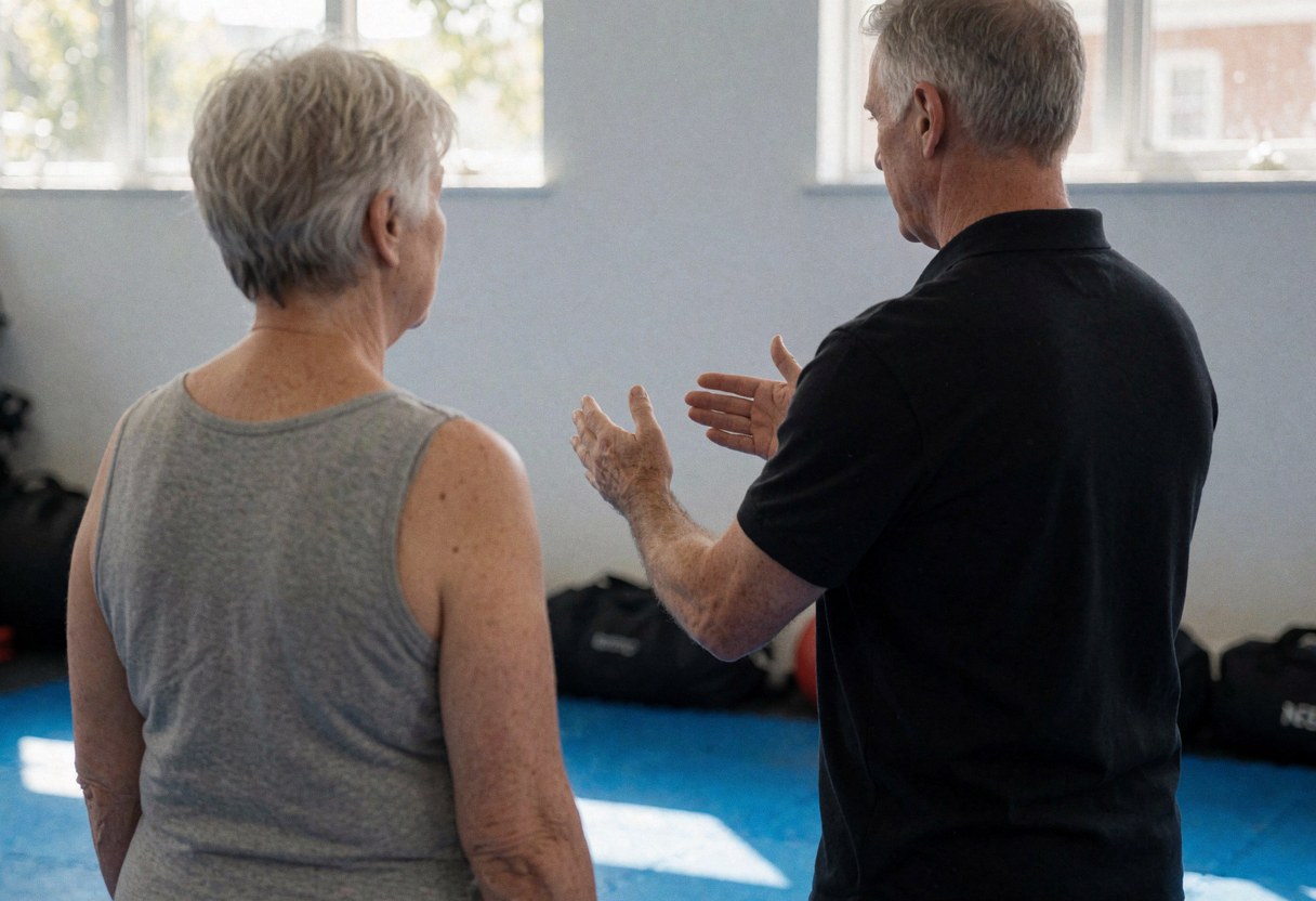 Vue arrière d'un moniteur de boxe gestuant avec les mains pour expliquer une technique à une cliente âgée dans un gymnastique au sol bleu et à la lumière naturelle.