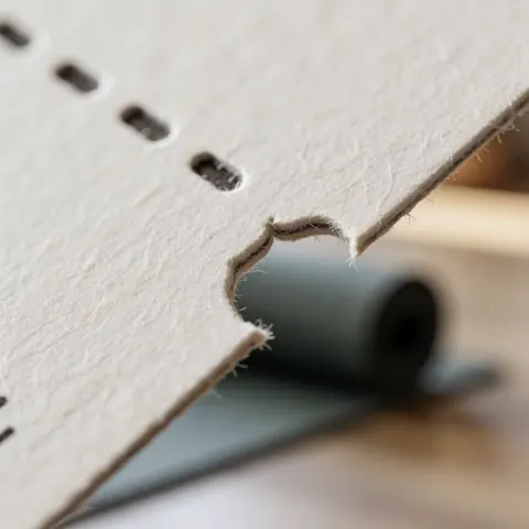 Gros plan sur un ticket en papier texturé avec des perforations, montrant le bord découpé, sur un fond flou suggérant une salle de yoga.