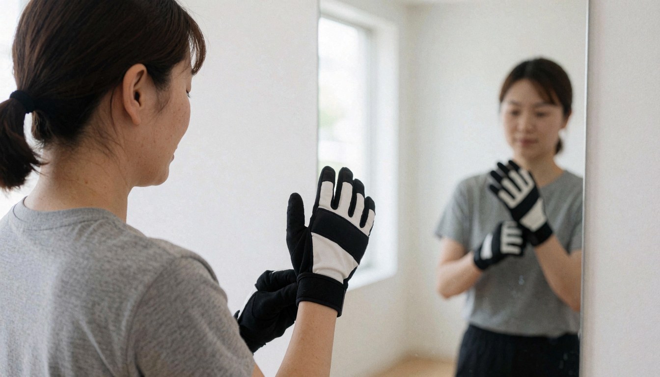Une femme ajuste ses gants de sport noirs et blancs face à un miroir dans un gymnase moderne aux murs blancs et à la lumière naturelle.
