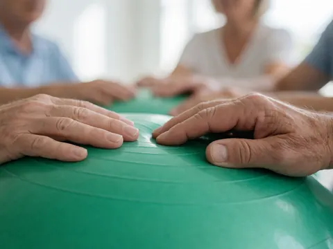 Les mains d'un préparateur physique pressant une balle verte lors d'une séance de thérapie physique, avec d'autres personnes en arrière-plan observant le processus.