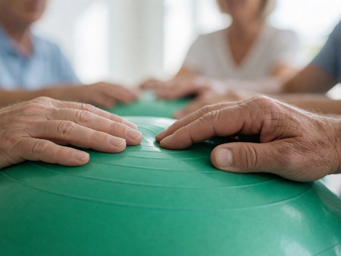 Les mains d'un préparateur physique pressant une balle verte lors d'une séance de thérapie physique, avec d'autres personnes en arrière-plan observant le processus.