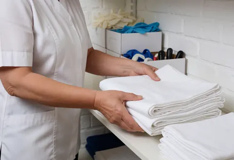Un professionnel en uniforme blanc range soigneusement des serviettes propres sur une étagère blanche, avec des outils et des gants à proximité dans un environnement propre.