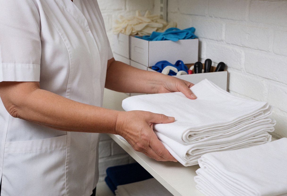 Un professionnel en uniforme blanc range soigneusement des serviettes propres sur une étagère blanche, avec des outils et des gants à proximité dans un environnement propre.