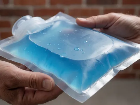 Des mains adultes tiennent un gel bleu avec des gouttes de condensation sur un fond de mur en briques rouges, idéal pour la thérapie physique.