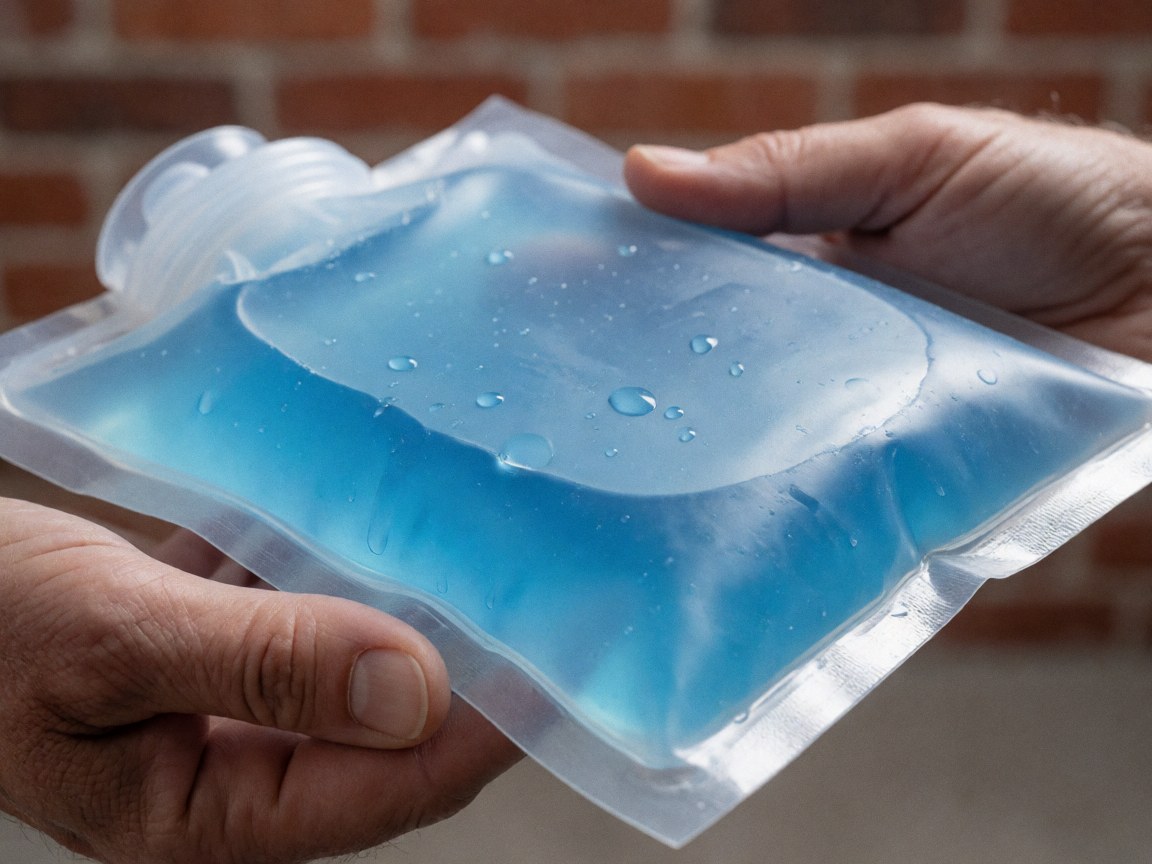 Des mains adultes tiennent un gel bleu avec des gouttes de condensation sur un fond de mur en briques rouges, idéal pour la thérapie physique.