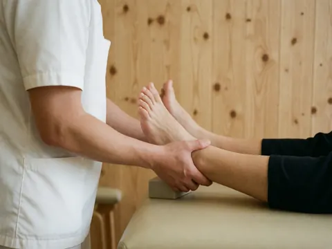 Physiothérapeute en uniforme blanc manipulant le cheville d'un patient sur une table avec un bloc de stabilisation, fond en bois clair.