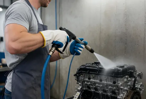 Un ouvrier en gants et tablier nettoie un moteur de voiture dans une station de lavage industriel, avec des gouttes d'eau visibles sur les murs humides.