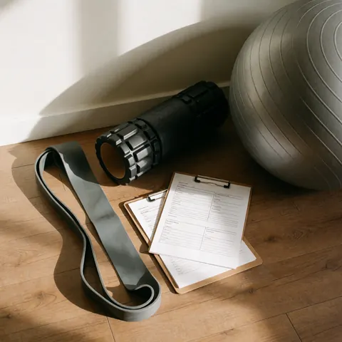 Matériel de physiothérapie et d'évaluation physique disposé sur un plancher en bois, incluant bande élastique, rouleau mousse, ballon de stabilité et formulaires sur presse-papiers sous lumière naturelle.
