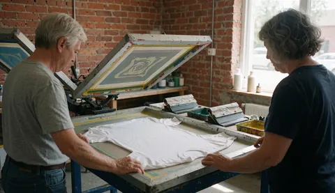 Deux adultes préparent un t-shirt blanc sur une table dans un atelier avec un mur en briques et une lumière naturelle.