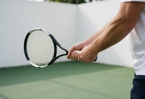 Gros plan d'une main masculine saisissant fermement une raquette de tennis sur un court vert avec un mur blanc en arrière-plan, mettant en évidence la technique du coup.
