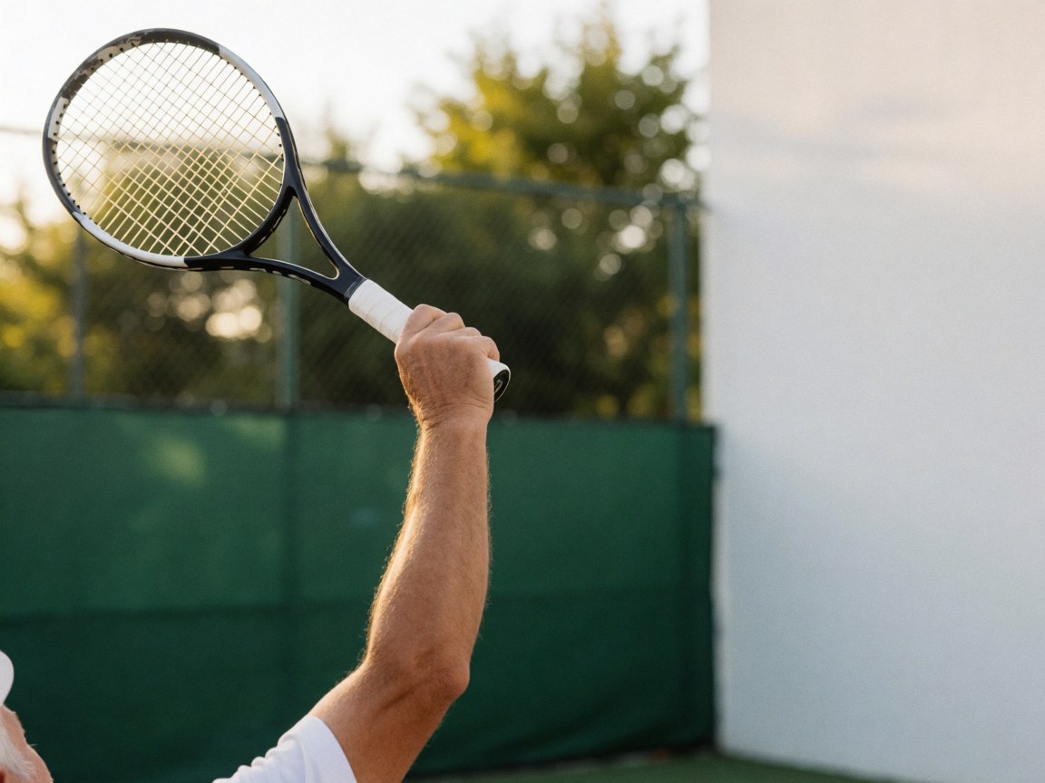 Joueur de tennis effectuant un service, bras et raquette en mouvement sur un court avec clôture verte et mur blanc sous lumière chaude.