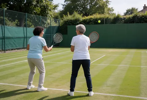 Deux personnes âgées pratiquent le tennis sur une pelouse verte sous un soleil éclatant, entourées d'une clôture.