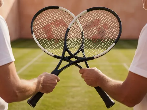 Deux mains d'adultes croisent des raquettes de tennis sur un court de tennis avec un mur en arrière-plan.