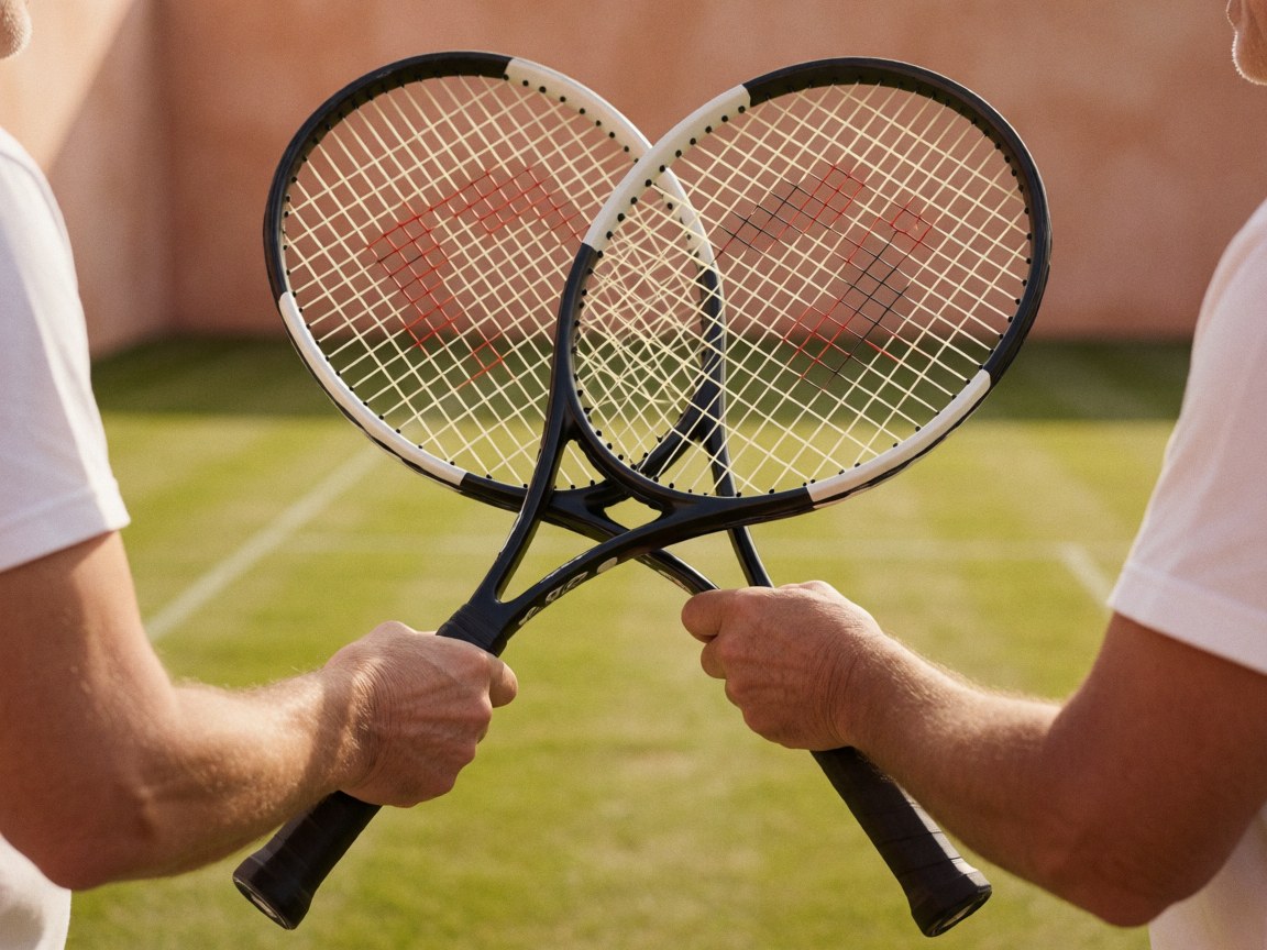 Deux mains d'adultes croisent des raquettes de tennis sur un court de tennis avec un mur en arrière-plan.
