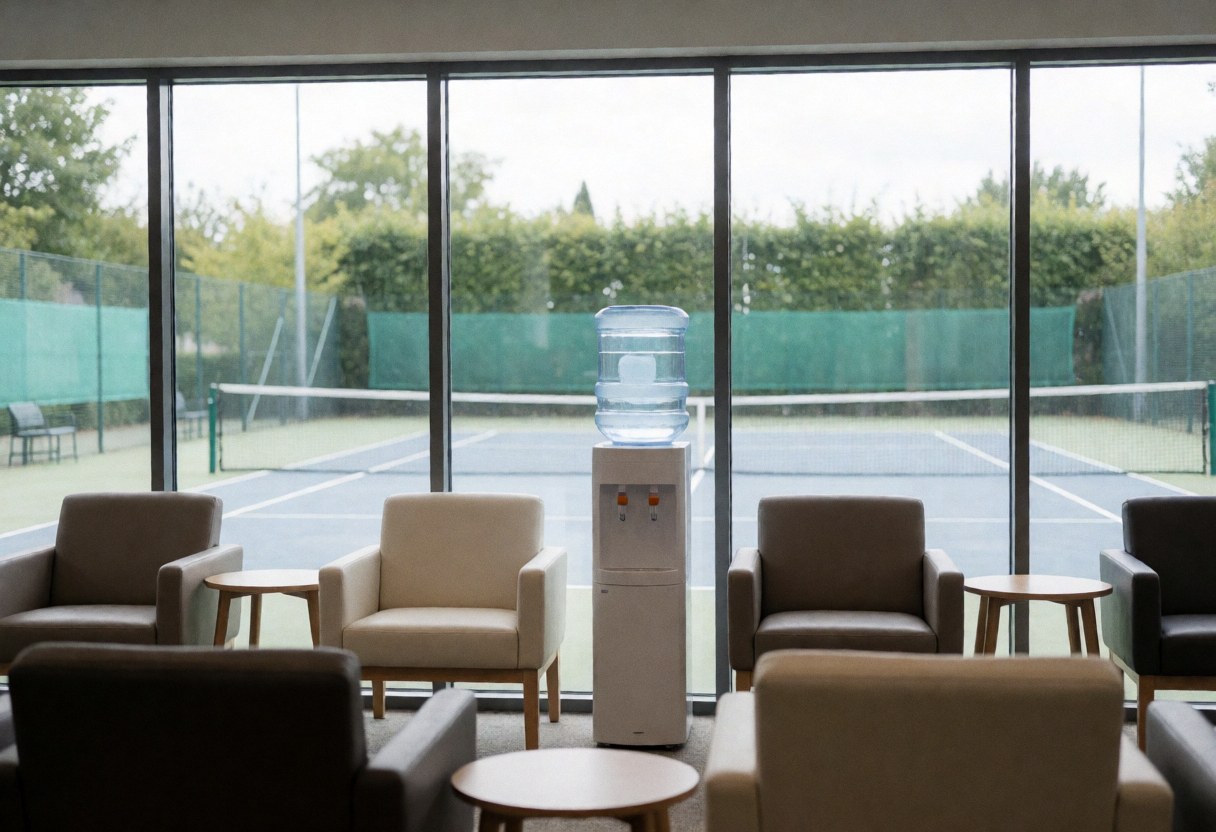 Espace moderne avec sièges confortables, petites tables et distribution d'eau, offrant une vue sur un terrain extérieur par de grandes baies vitrées.