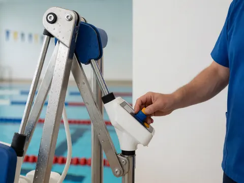 Main ajustant le mécanisme manuel d'un siège hydraulique de piscine avec des bras métalliques et des gouttes d'eau sur un fond flou de couloirs de natation.