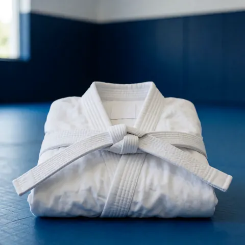 Un gi blanc plié posé sur un tatami bleu, orné d'une ceinture blanche nouée avec précision dans un dojo aux murs bleus éclairé par la lumière naturelle.