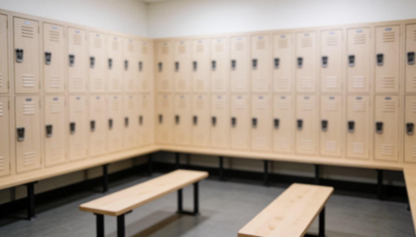 Arrière-plan professionnel d'un vestiaire avec des casiers en bois et des bancs, idéal pour les textes sur les instructeurs d'arts martiaux, ambiance calme et neutre.
